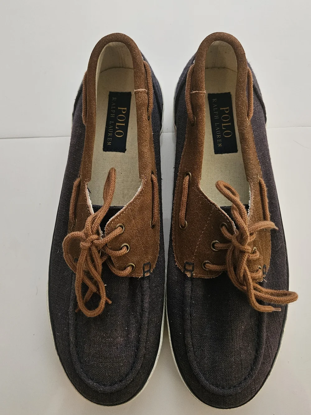 Polo by Ralph Lauren Men’s Two-Tone Brown Canvas Boat Shoes